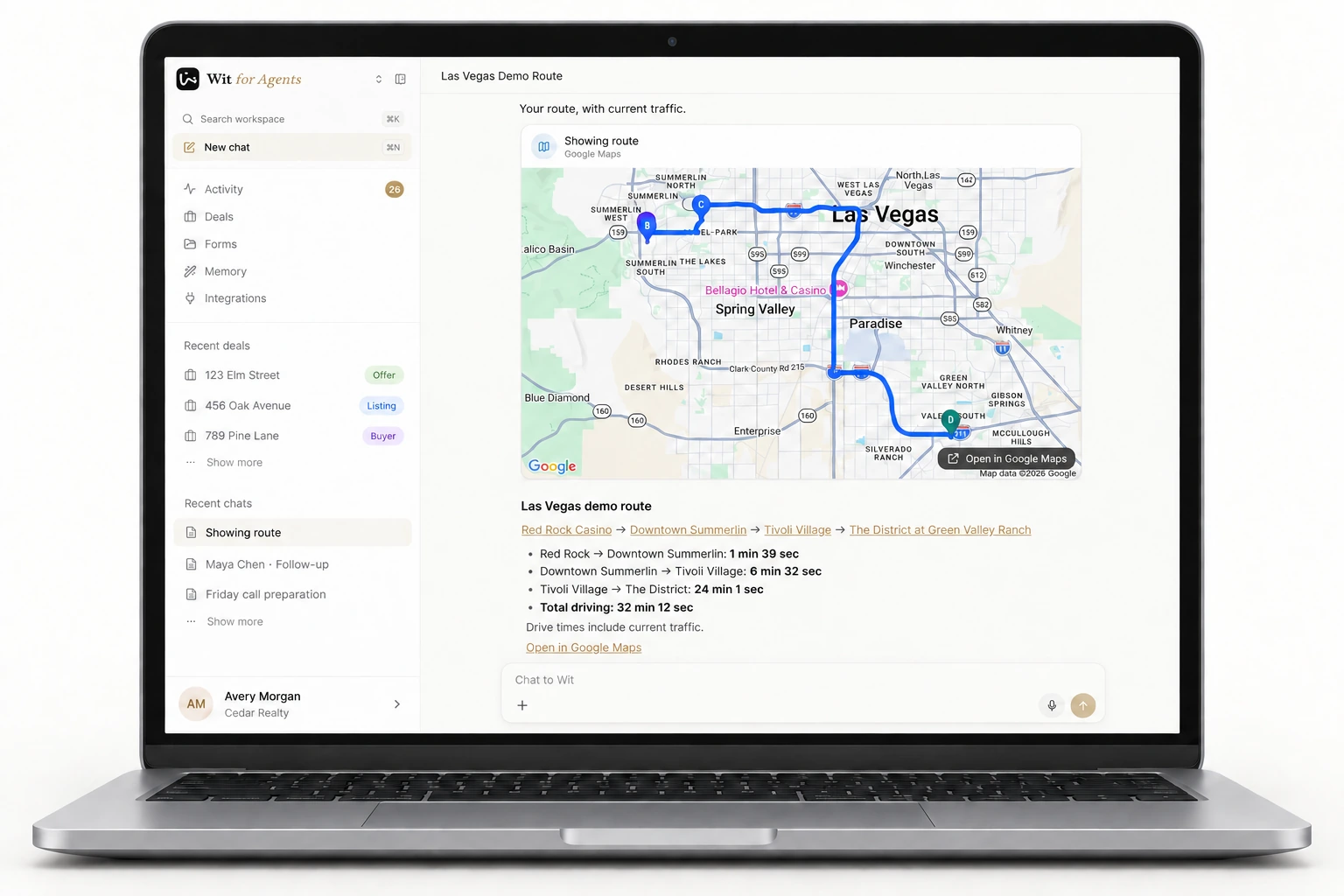 A silver laptop showing Wit’s Google Maps route through four Las Vegas demo stops. Current-traffic drive times are 1 minute 39 seconds, 6 minutes 32 seconds, and 24 minutes 1 second, totaling 32 minutes 12 seconds.