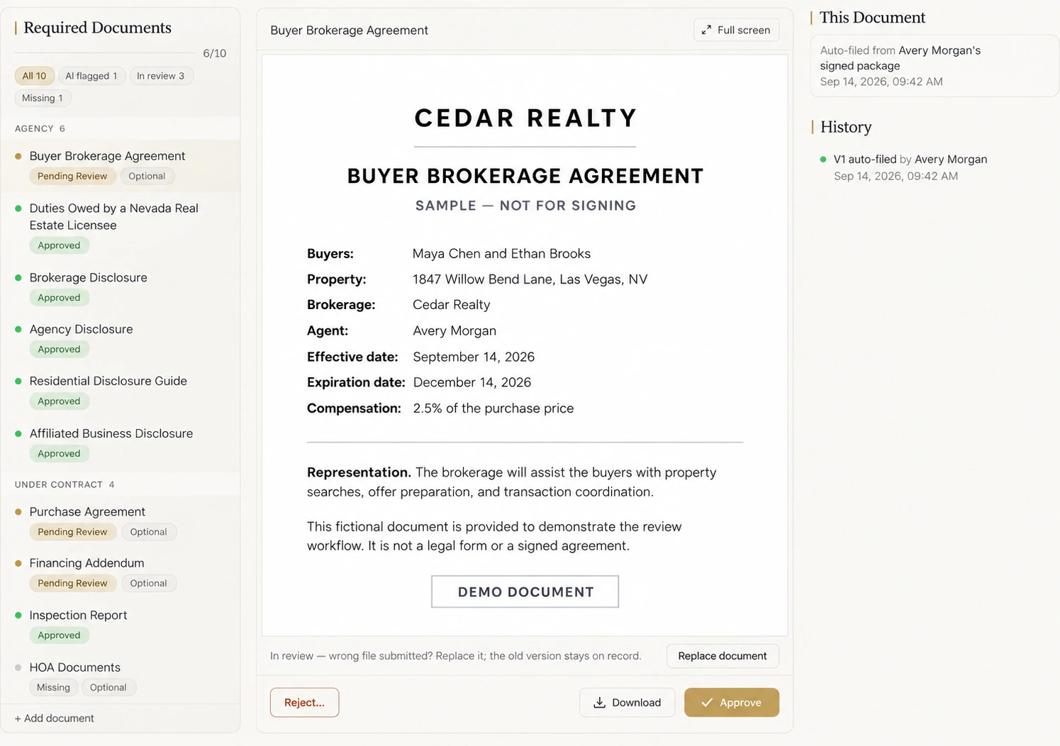 Wit’s compliance review with a fictional buyer agreement, required documents, review statuses, filing history, and approve or reject controls.